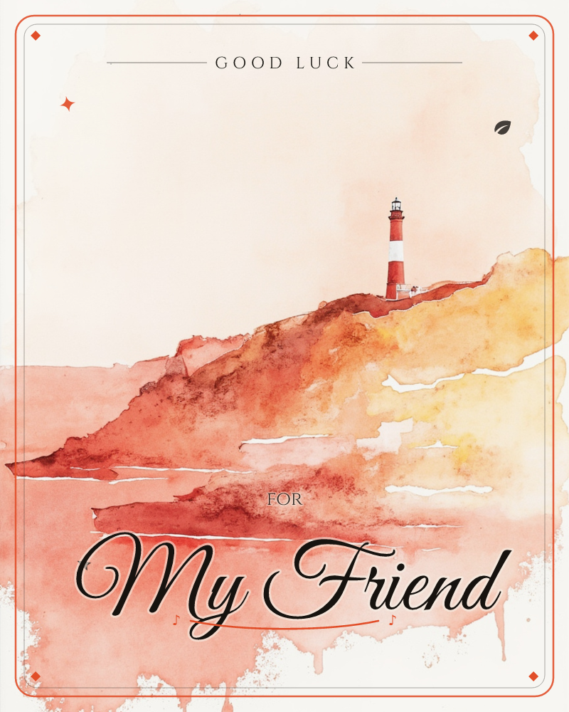 A red and white striped lighthouse stands atop a rugged headland, rendered in loose watercolour washes of coral, amber and rust, a good luck e-card design