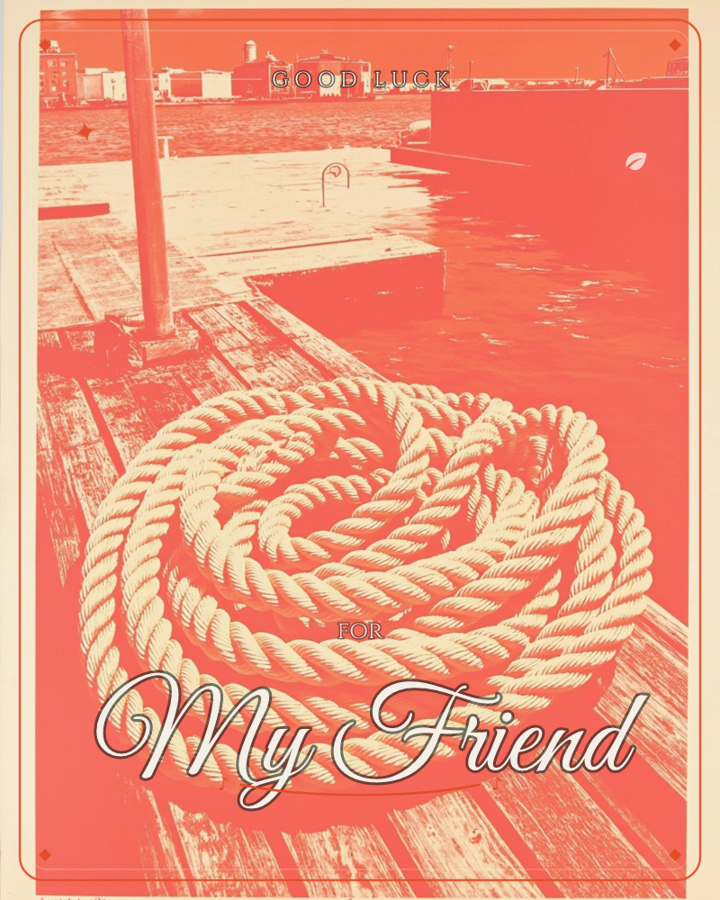 A thick coil of rope sits on a weathered wooden dock, its spirals rendered in crisp cream against a bold monochrome orange wash of harbour, water and…, a good luck e-card design