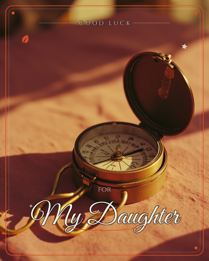 A brass pocket compass lies open on a rumpled dusty-pink cloth, its lid tipped back to catch warm late-afternoon light, a good luck e-card design