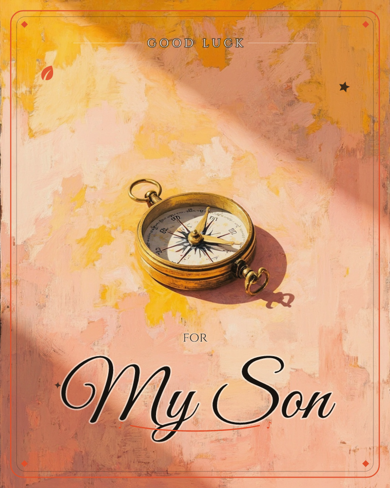 A brass compass with its hinged ring lies open on a sun-warmed surface of blended pink and gold, a sharp diagonal shadow cutting across the corner like…, a good luck e-card design