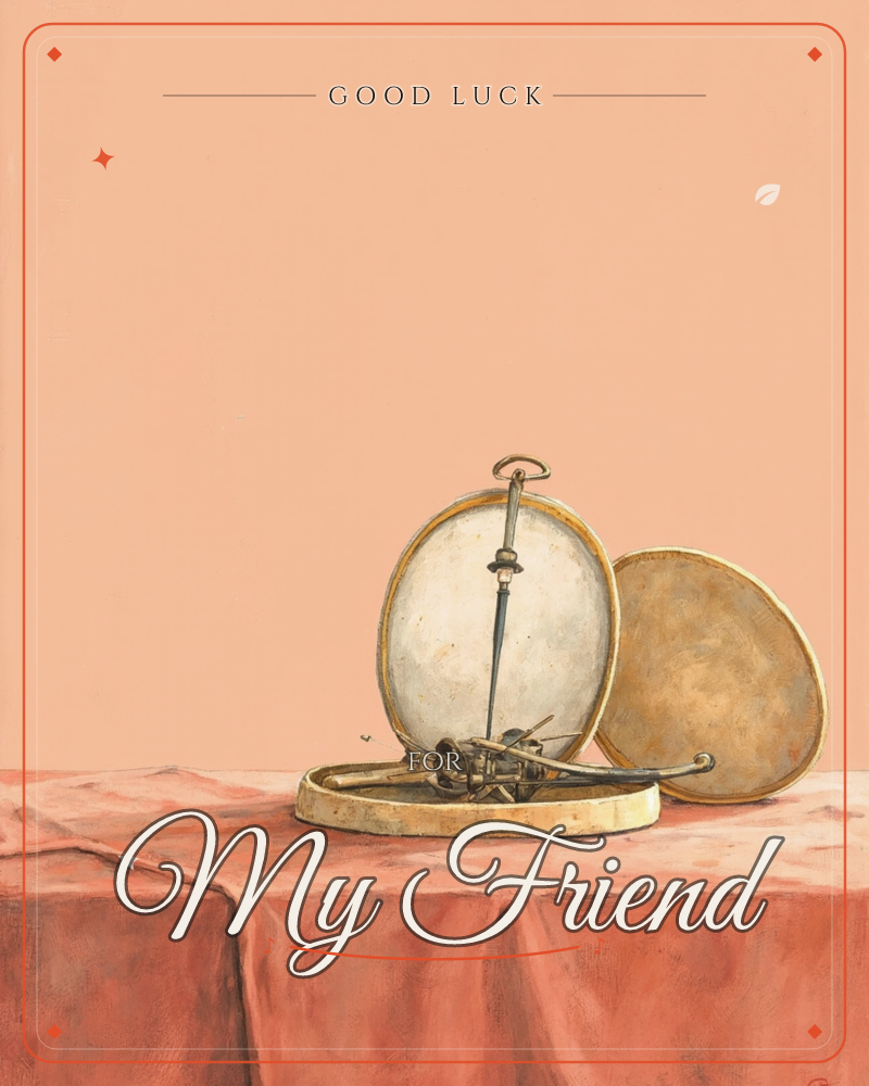 A large antique pocket watch stands open on a draped pink cloth, its face gone blank and worn, exposing brass gears and springs beneath the glass, a good luck e-card design