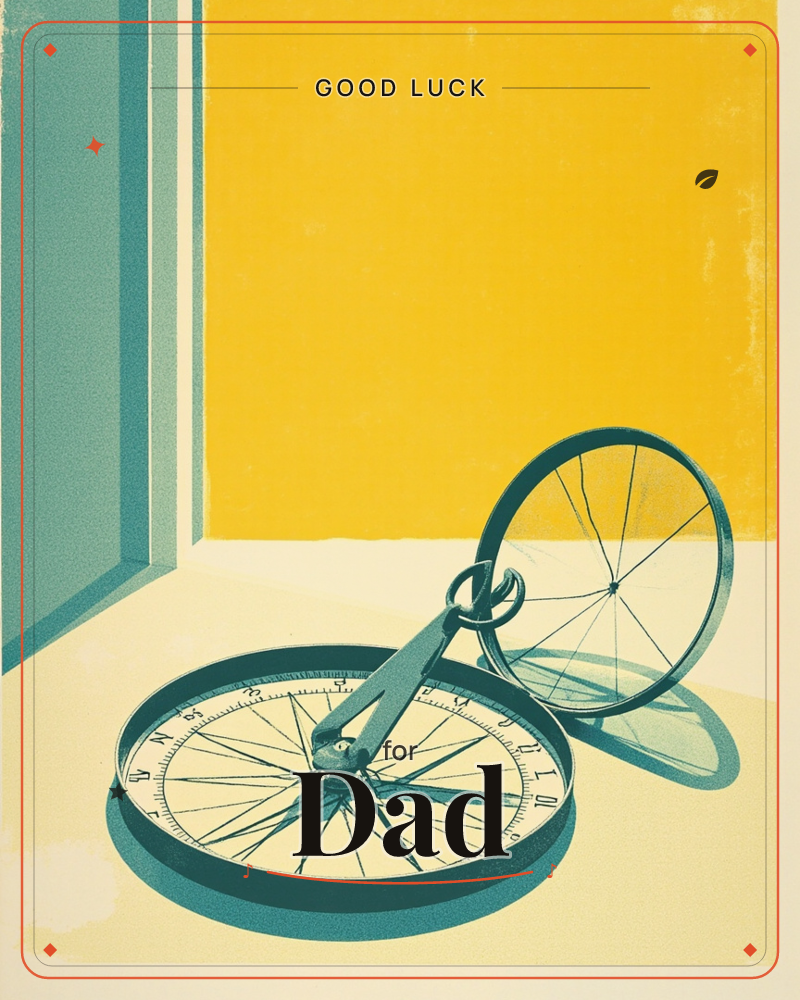 A stylised print shows a bicycle wheel lying flat like a giant compass dial, its rim marked with directions and numbers, while a second wheel leans…, a good luck e-card design