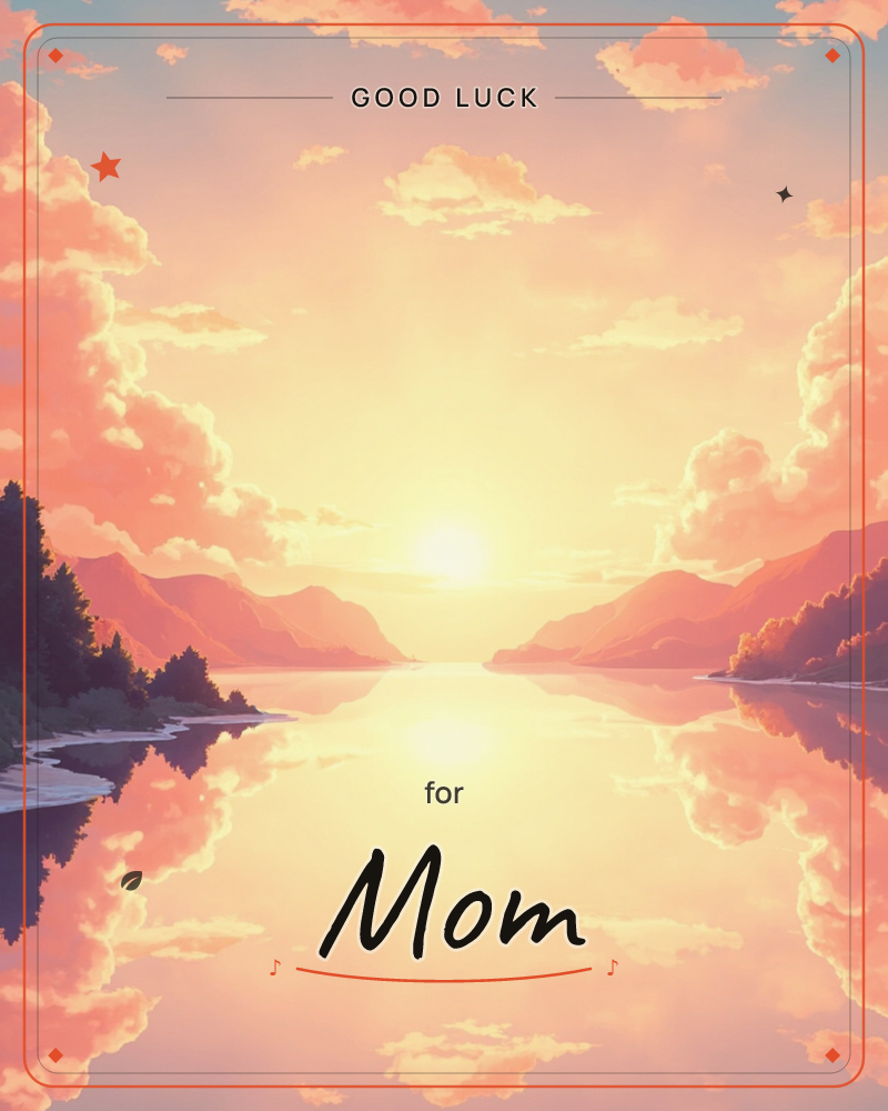 A wide glowing sun sits low between two rows of layered mountains, its light spreading through peach and gold clouds above a perfectly still lake, a good luck e-card design