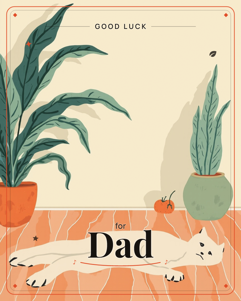 A pale cream cat lies stretched out on a warm terracotta-striped wooden floor, flanked by two potted plants and a small tomato sitting nearby, a good luck e-card design