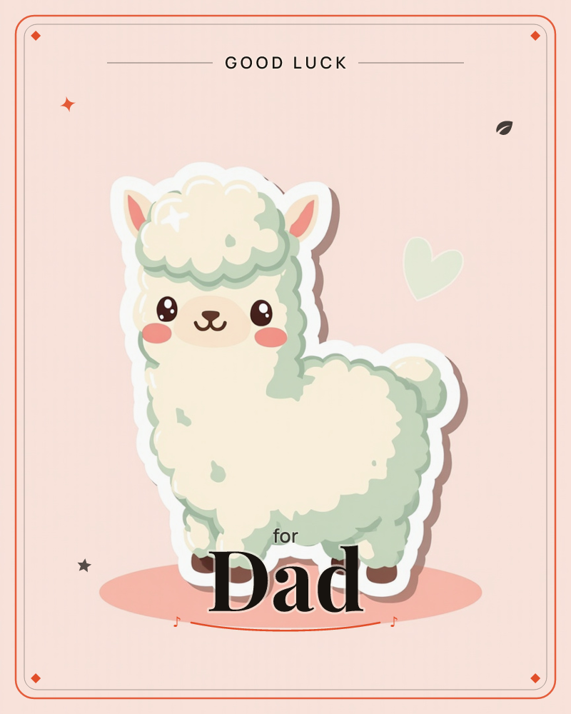 A round, fluffy cartoon alpaca stands sticker-style on a soft pink background, its cream and mint-green wool rendered in puffy clouds with a thick…, a good luck e-card design