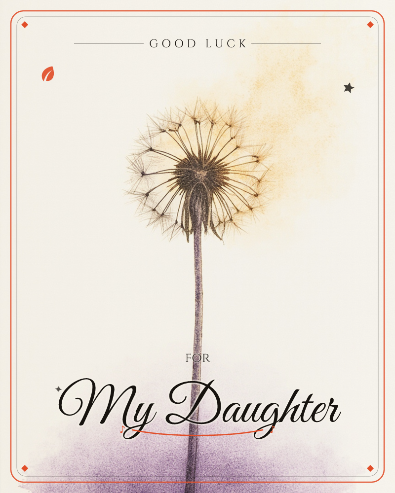 A single dandelion seed head stands tall on a slender stem against a plain cream background, a good luck e-card design