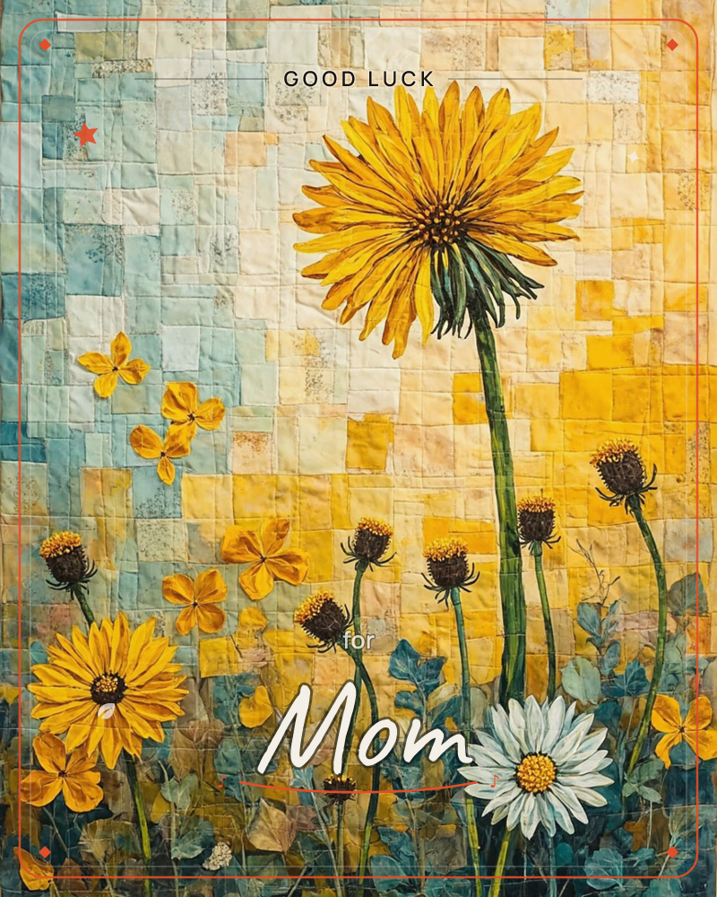 A quilted textile artwork shows a tall yellow daisy towering over smaller blooms and seed-headed stalks, set against a patchwork background that shifts…, a good luck e-card design