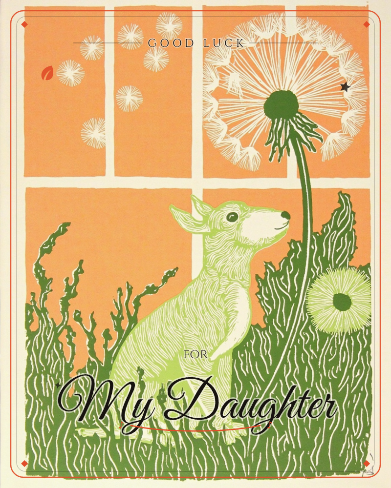A stylised print in bold panels shows a green fox or dog sitting in tall grass, gazing up at an oversized dandelion gone to seed against a burnt-orange…, a good luck e-card design