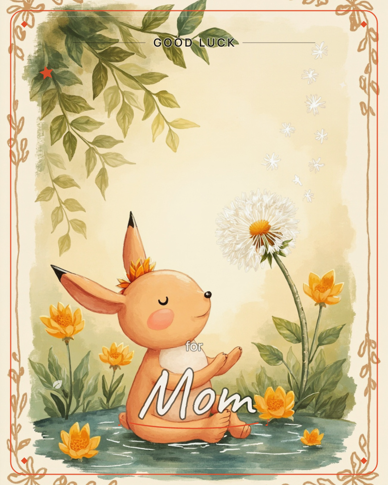 A round-eared bunny sits contentedly in a shallow puddle, eyes closed, paws lifted toward a tall dandelion whose seeds drift upward into the warm…, a good luck e-card design