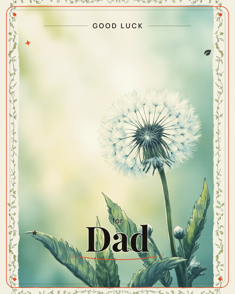 A single dandelion seed head stands fully open against a soft, hazy wash of green and gold light, its stem flanked by pointed leaves and two unopened buds, a good luck e-card design