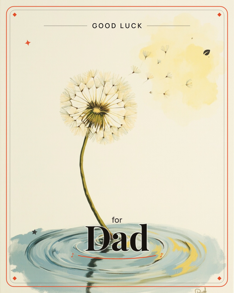 A single dandelion seed head arcs up from a pool of rippling water, its curved stem casting a soft reflection across the surface, a good luck e-card design