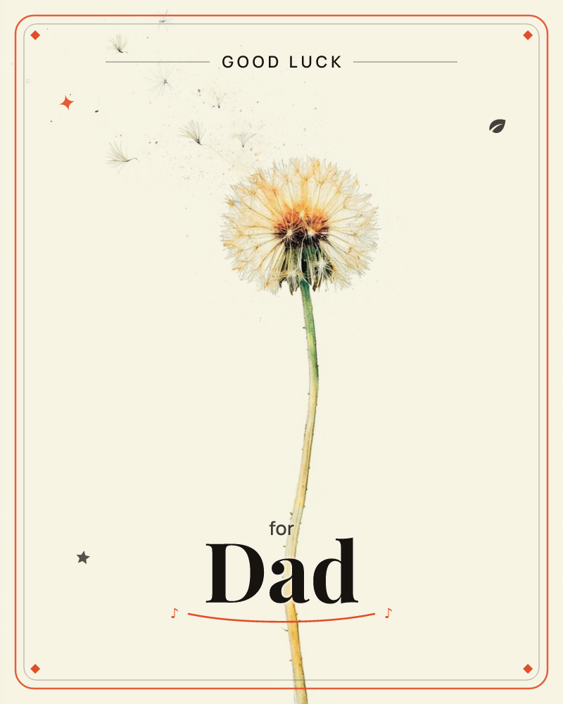 A single dandelion seed head stands on a slender curved stem against a plain cream background, its downy florets loosening and drifting off to the…, a good luck e-card design