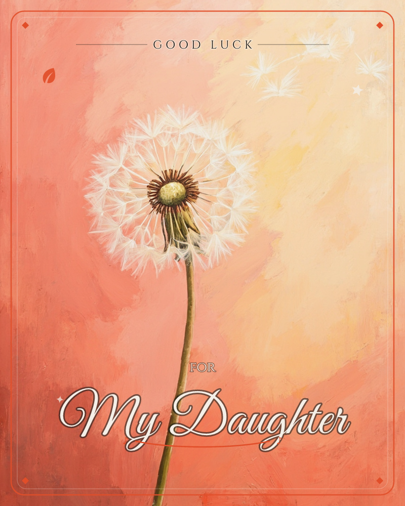 A single dandelion seed head stands tall against a glowing coral and peach sky, its white feathery seeds catching the light, a good luck e-card design