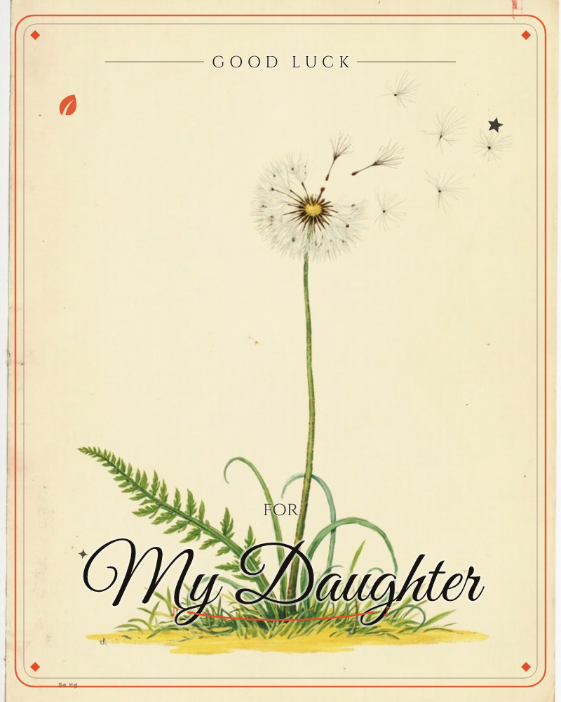 A botanical study on aged cream paper shows a single dandelion gone to seed, its downy white head scattering feathery seeds into the air beside a…, a good luck e-card design