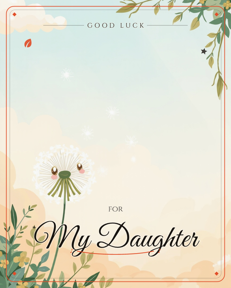 A whimsical dandelion with a sweet, blushing cartoon face stands in soft focus against a dreamy peach-and-sky-blue backdrop, a good luck e-card design