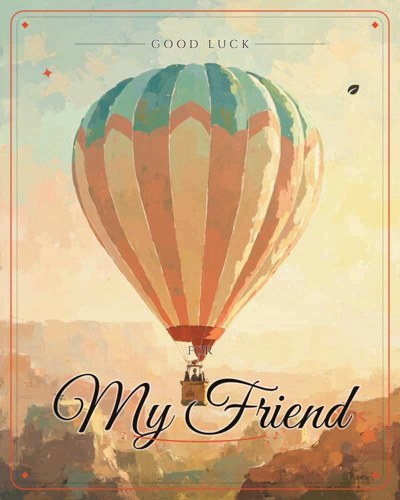 A striped hot air balloon in teal, coral and cream drifts high above a canyon at golden hour, its basket carrying a single small figure, a good luck e-card design