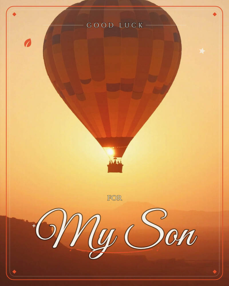 A hot air balloon drifts high above a desert landscape, its striped fabric glowing against a golden sunset sky, a good luck e-card design