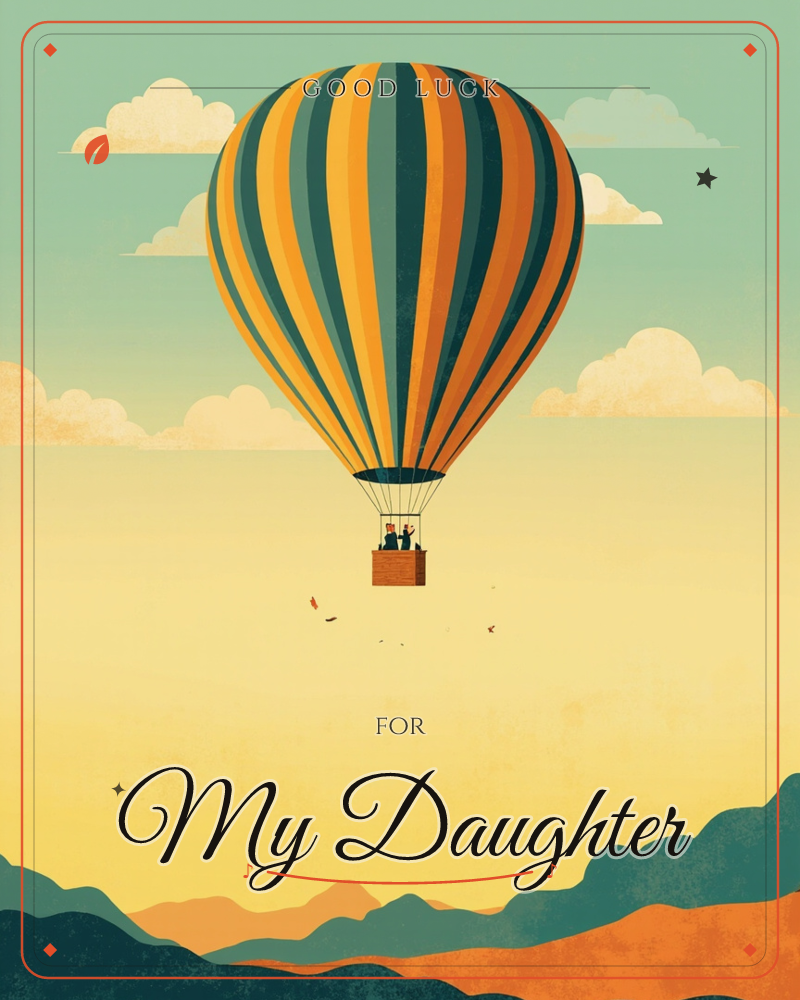 A striped hot air balloon in teal and orange drifts high above layered mountain ridges, two small figures visible in its basket, a good luck e-card design