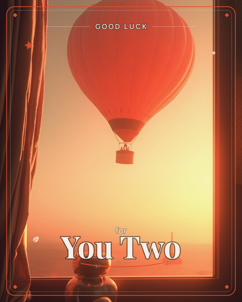 A hot air balloon drifts past an open window, its basket carrying two small silhouetted figures against a glowing sunset sky, a good luck e-card design