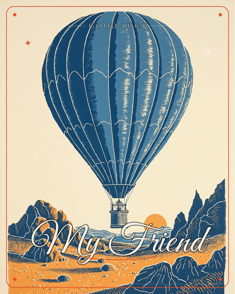 A large striped hot air balloon drifts over a rugged desert canyon, its basket small against jagged rock formations and rolling dunes, a good luck e-card design