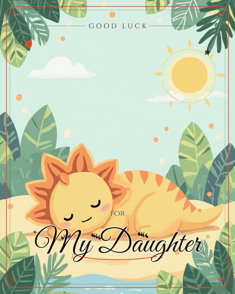 A small yellow dinosaur with an orange frilled crest curls up asleep on sandy ground, framed by tropical leaves and a cheerful cartoon sun, a good luck e-card design