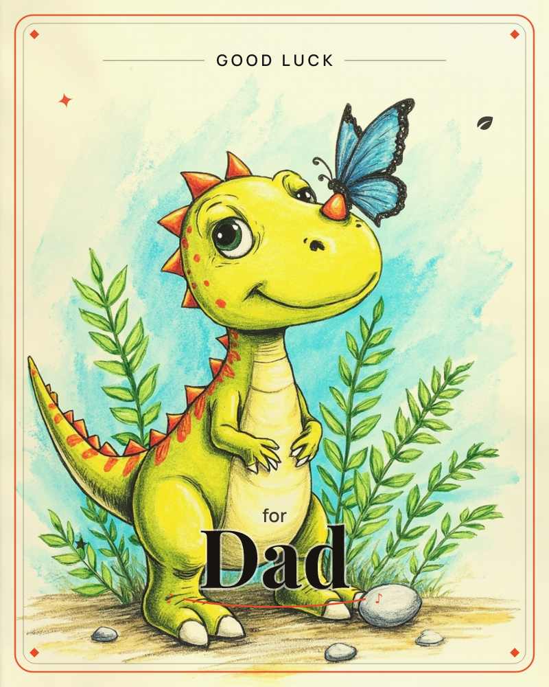 A cheerful yellow baby dinosaur with orange spikes stands among ferny green leaves, gazing cross-eyed at a blue butterfly perched on the tip of its nose, a good luck e-card design
