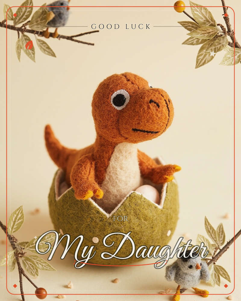 A felted orange dinosaur pokes its head and paws out of a cracked, olive-green felt egg dotted with cream spots, a good luck e-card design