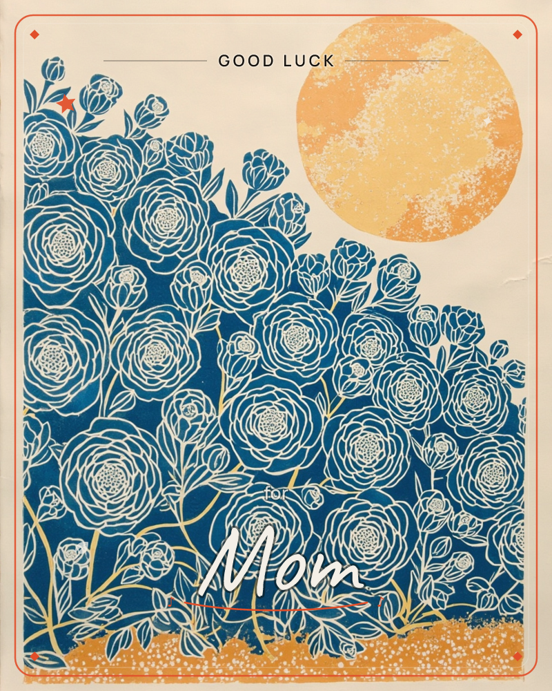 A dense cluster of deep blue peonies climbs up the left side of the page, every petal outlined in fine white linework like a woodblock print, a good luck e-card design