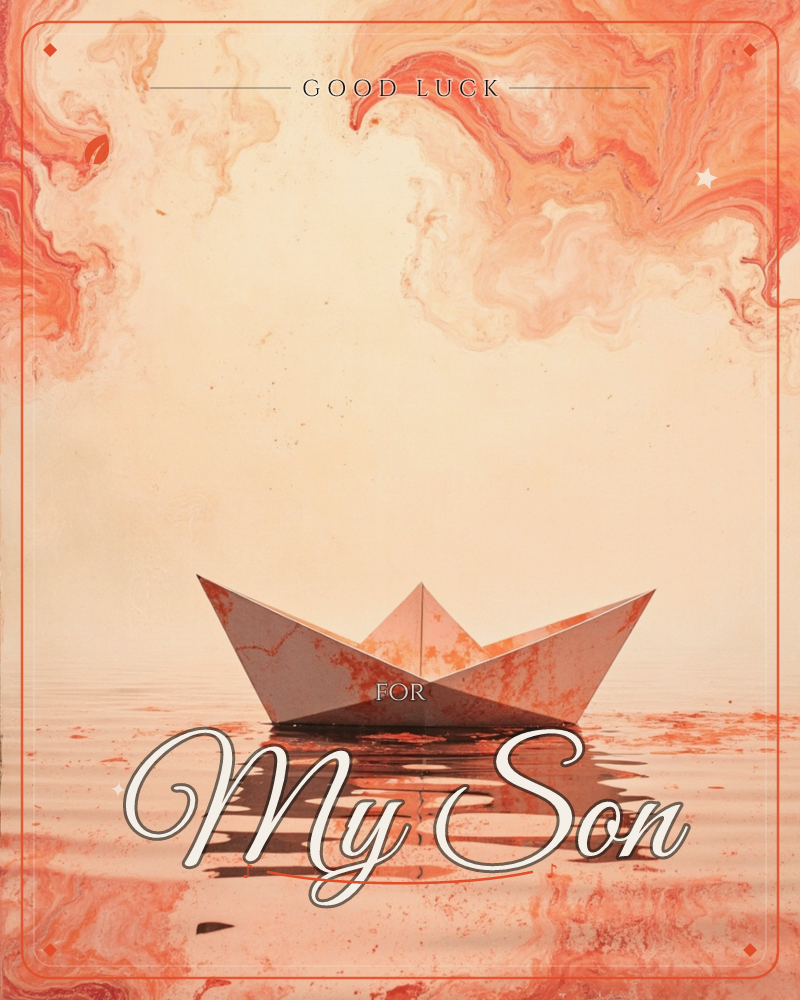 A single paper boat floats on still water, its folded surface marbled with coral and rust-colored swirls that echo the clouds above, a good luck e-card design