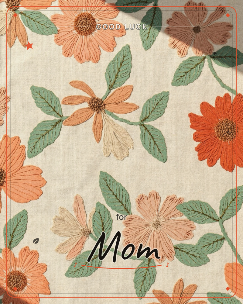 A close-up of embroidered daisy-like flowers scattered across cream linen, their petals stitched in coral, peach and dusty rose with sage green leaves…, a good luck e-card design