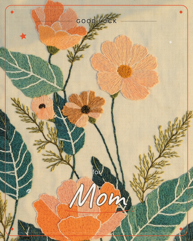 An embroidered cluster of poppies and daisies in peach and coral thread spreads across a cream linen ground, with teal leaves stitched in visible…, a good luck e-card design