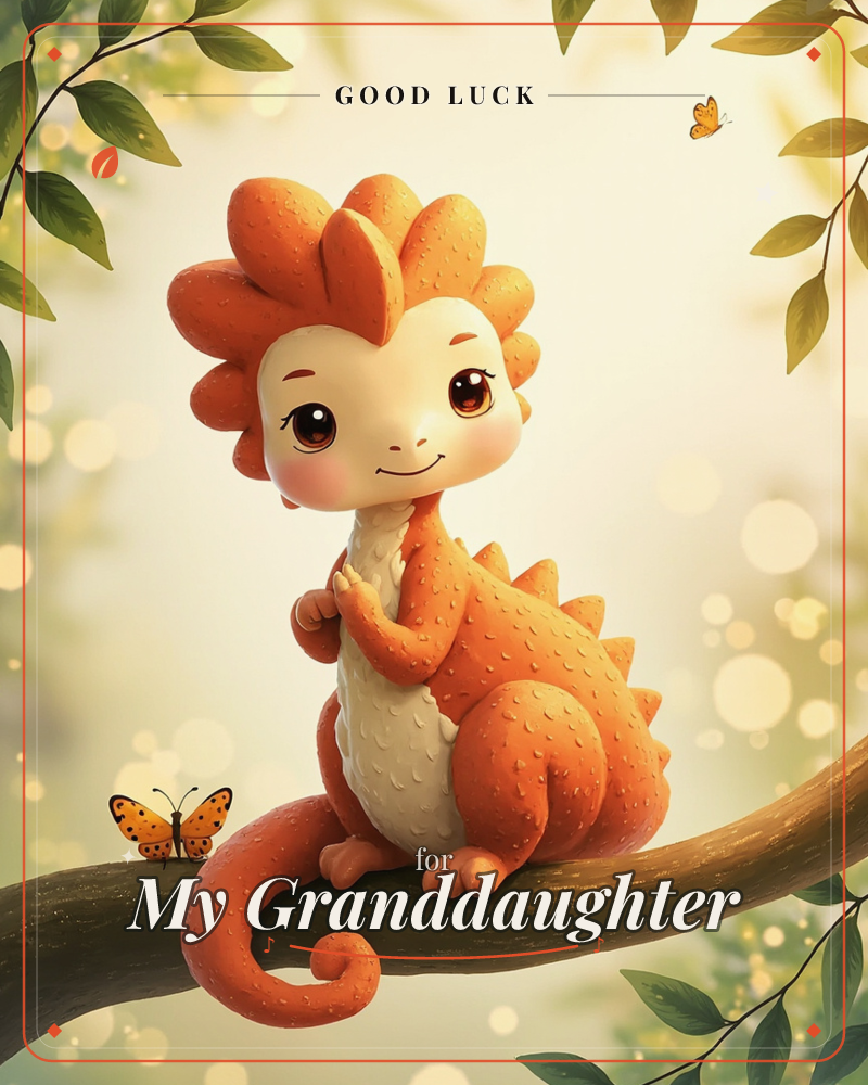 A tiny orange dinosaur-like creature with a frilled crest and cream belly sits perched on a curling tree branch, paws clasped and smiling shyly, a good luck e-card design