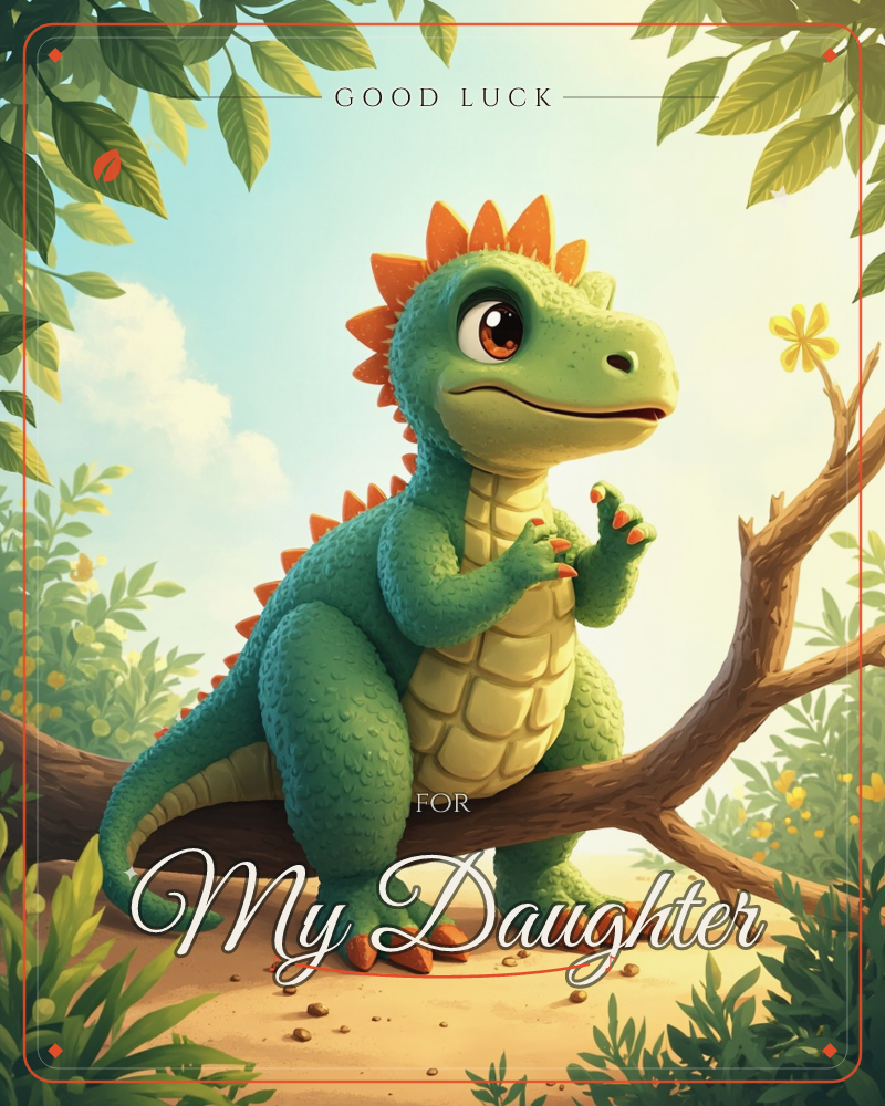 A round, smiling baby dinosaur with orange spikes and claws sits on a fallen branch in a sunlit forest clearing, a good luck e-card design