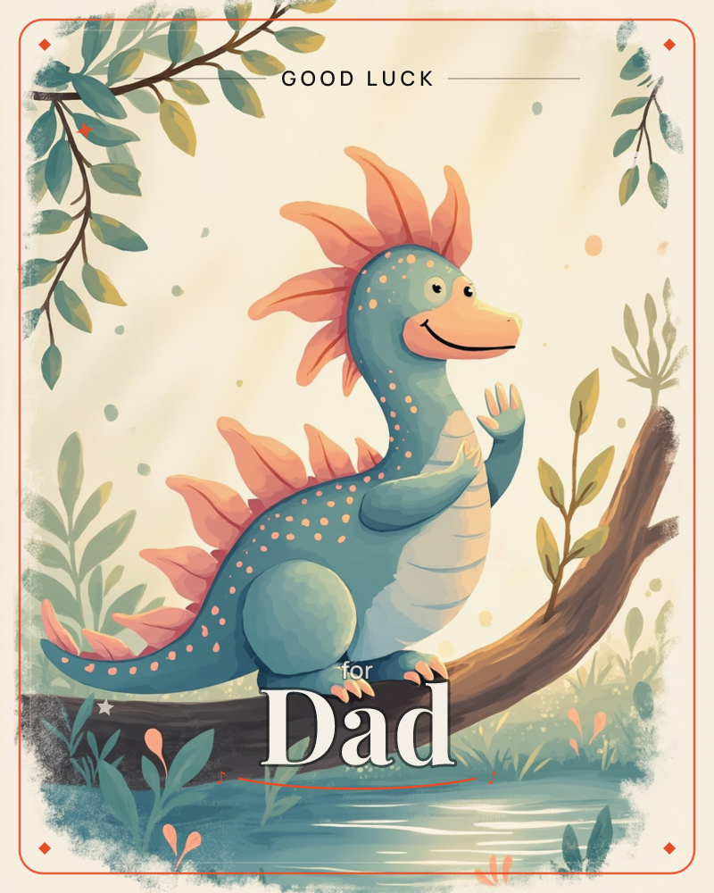 A cheerful teal dinosaur with coral-orange spines and freckled spots perches on a curved branch overhanging a quiet pond, waving one clawed hand, a good luck e-card design