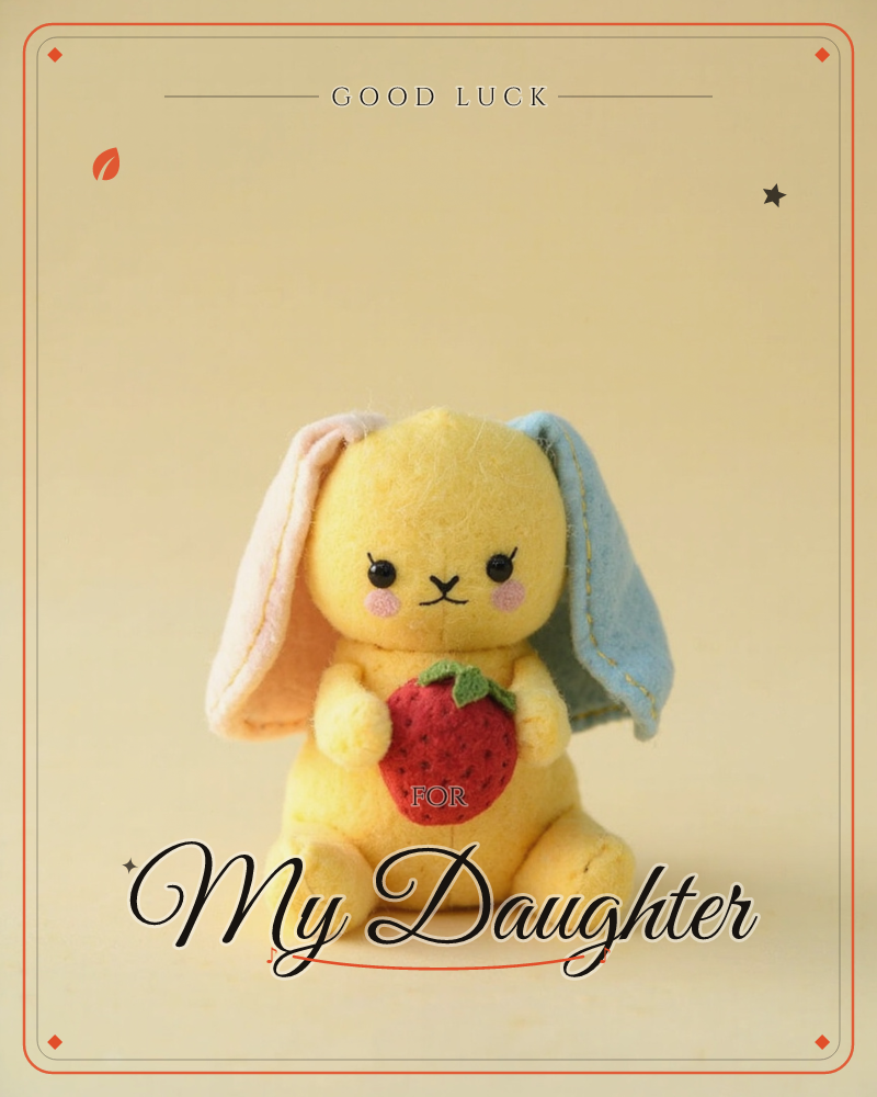 A small yellow felt bunny sits against a plain warm cream background, one ear lined in pink and the other in blue, its blushed cheeks and stitched eyes…, a good luck e-card design