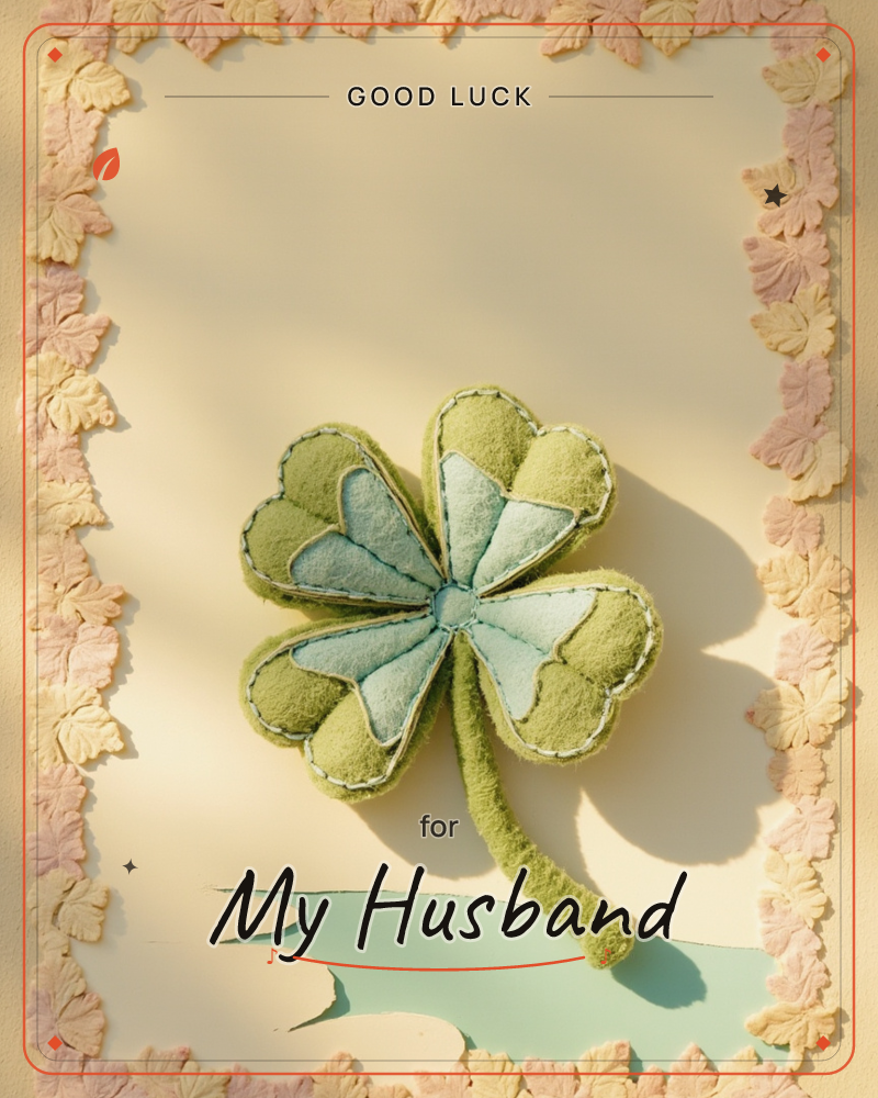 A plush felt four-leaf clover, stitched from patchwork panels of moss green and pale mint, sits stuffed and dimensional against a warm cream…, a good luck e-card design
