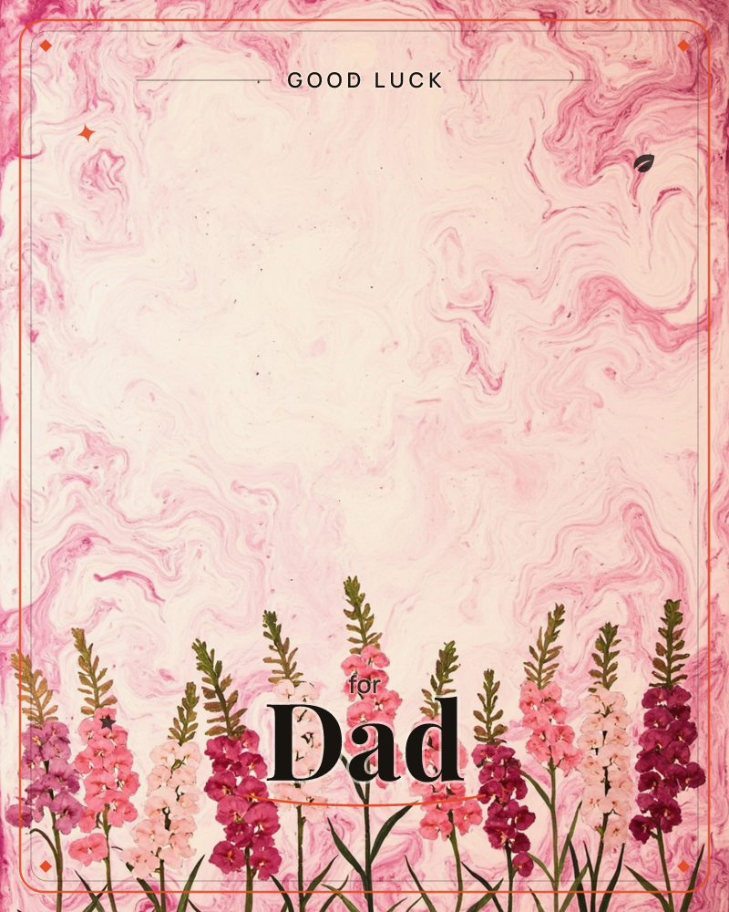 A row of tall snapdragon spires in shades of pink, coral, cream, and deep magenta rises along the bottom edge, their stems painted with crisp botanical…, a good luck e-card design