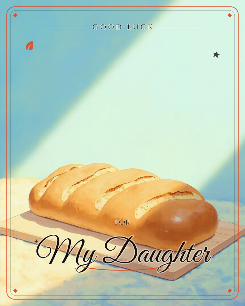 A single golden loaf of scored bread rests on a light wooden board, its glossy crust catching a diagonal shaft of warm sunlight against a soft blue…, a good luck e-card design