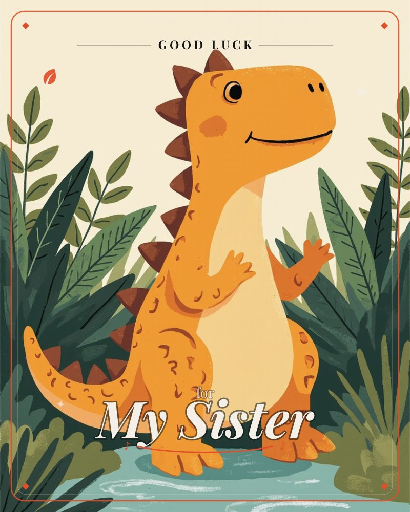A cheerful orange dinosaur with a spiked back and cream-coloured belly stands smiling among tall tropical leaves and ferns, a good luck e-card design