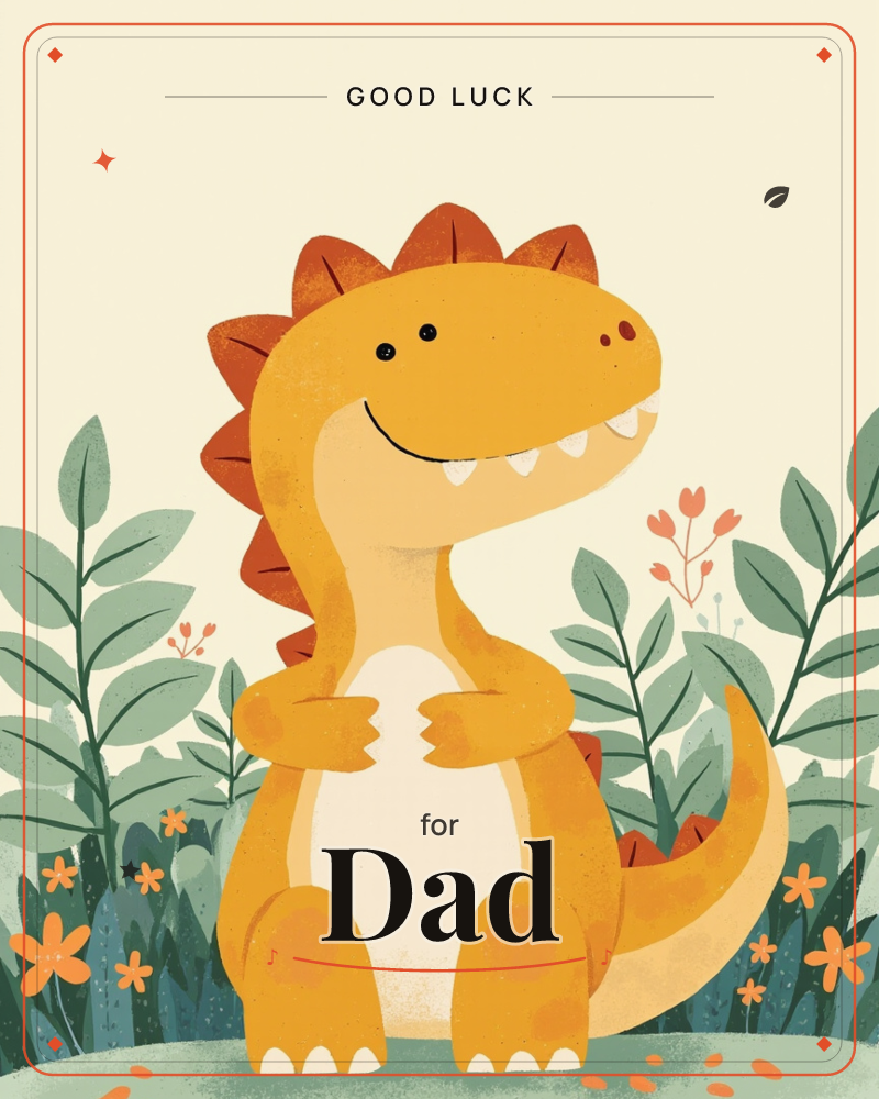 A cheerful yellow-orange dinosaur with rust-coloured spikes stands grinning among tall green leaves and small orange flowers, a good luck e-card design