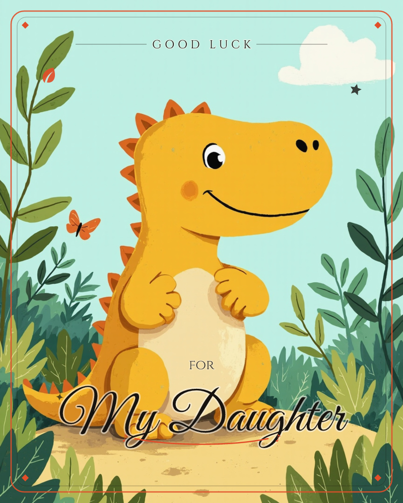 A round, smiling yellow dinosaur with a cream belly and orange spines sits on a sandy patch surrounded by lush green foliage, a good luck e-card design