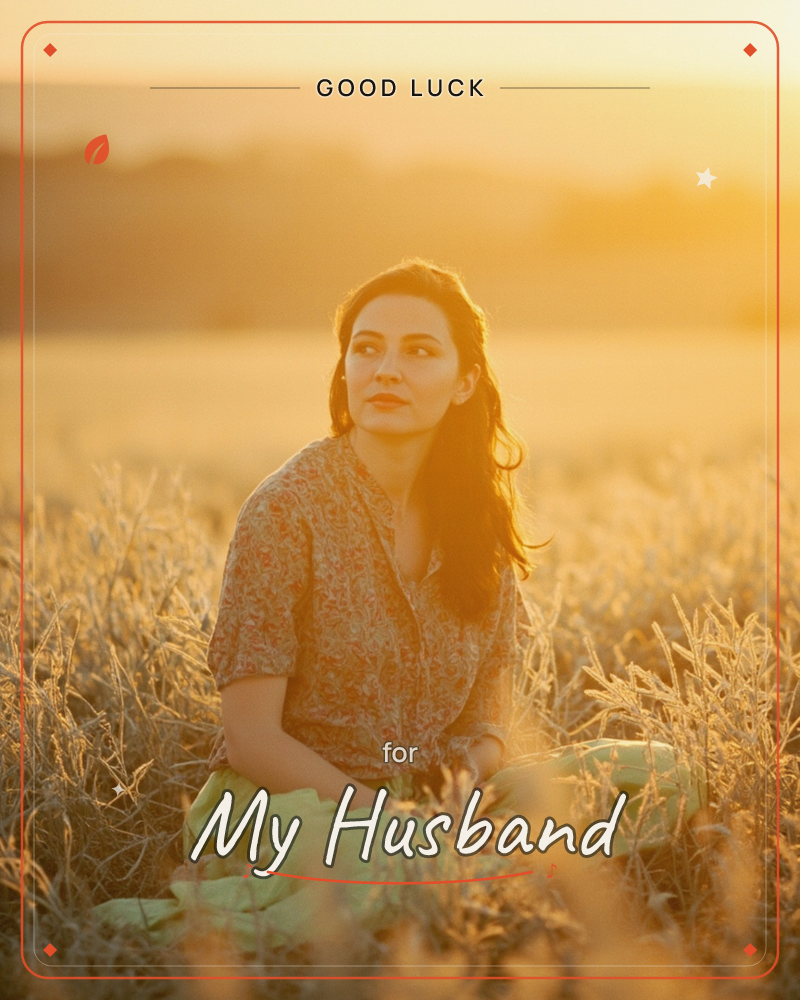 A woman sits amid tall golden grasses in a field at sunset, wearing a floral blouse and a pale green skirt, her long dark hair catching the warm light, a good luck e-card design