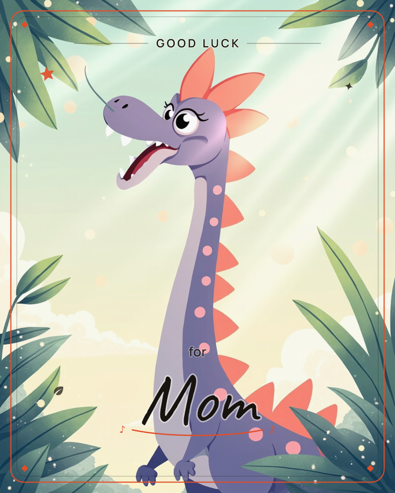 A cheerful purple long-necked dinosaur pokes its head through tropical leaves, mouth open mid-call with coral-pink spikes running down its neck and tail, a good luck e-card design