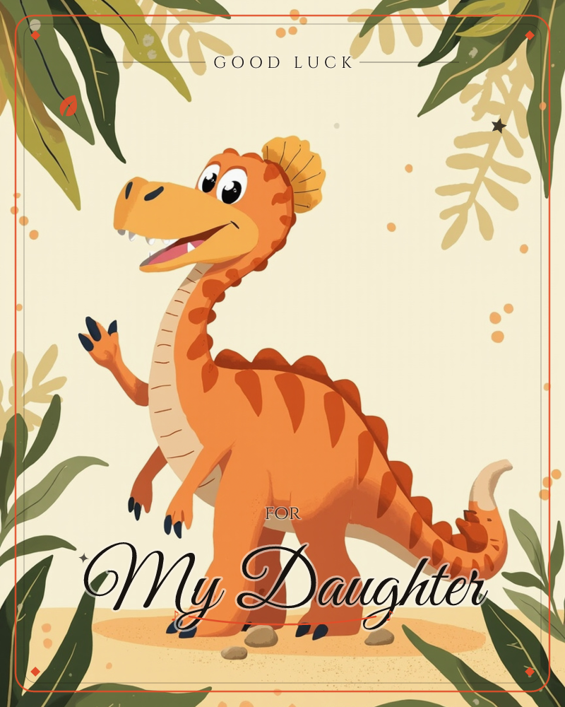 A cheerful orange dinosaur with a yellow crest stands on sandy ground, waving one clawed hand while smiling with tiny teeth, a good luck e-card design