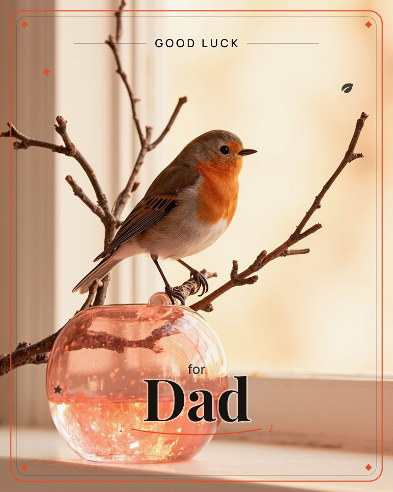 A robin with a bright orange breast perches on a bare twig pushed into a small round glass vase, set on a windowsill bathed in warm golden light, a good luck e-card design