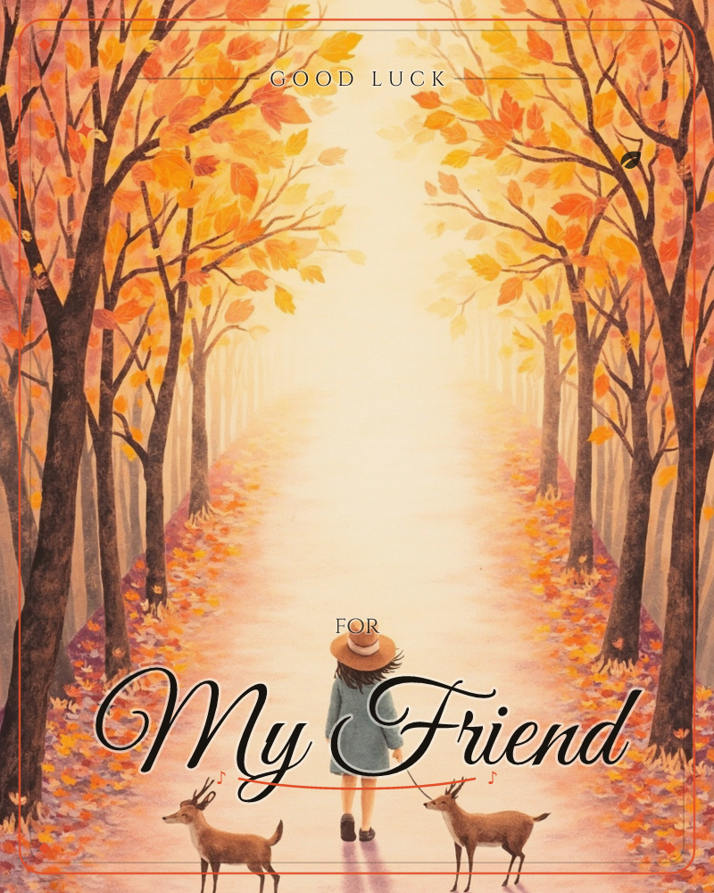 A woman in a hat and blue-green coat walks down a glowing avenue of autumn trees, two deer trotting beside her on leashes, a good luck e-card design