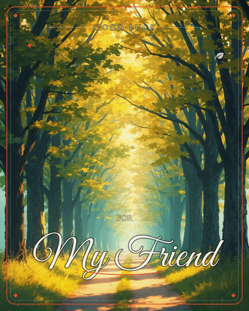 A dirt path stretches straight ahead through a tunnel of tall trees whose golden and green leaves arch overhead to form a glowing canopy, a good luck e-card design