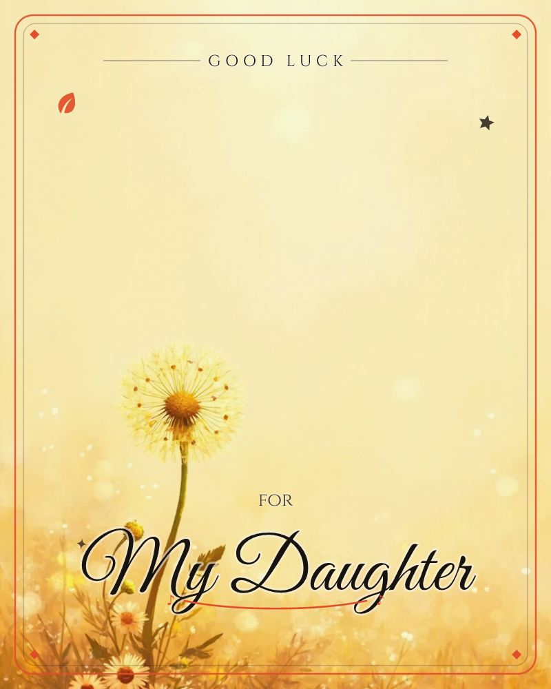A single dandelion stands tall against a soft golden haze, its seed head glowing pale and delicate in the warm light, a good luck e-card design