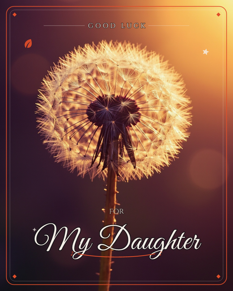 A close-up of a dandelion seed head glowing against a deep purple-to-amber sky, its delicate filaments lit from behind by warm golden light, a good luck e-card design