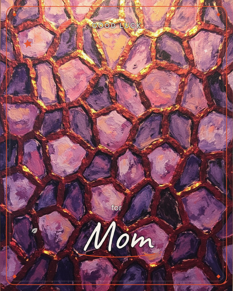 An abstract mosaic of irregular cells in shades of purple, lavender and violet, each patch outlined in thick metallic gold and deep red veins like…, a good luck e-card design